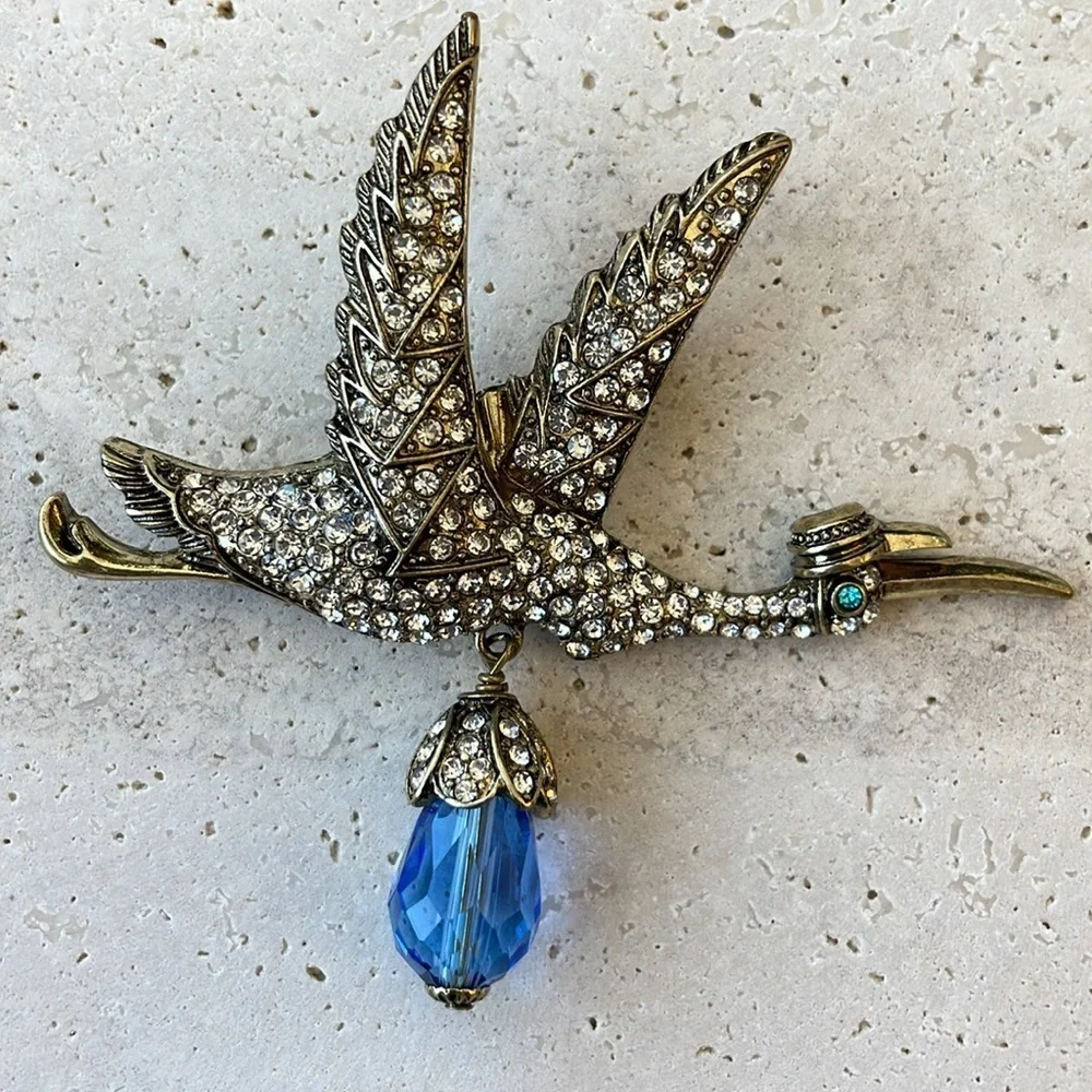 Heidi Daus Special Delivery Crystal Stork Brooch Gold Tone Blue